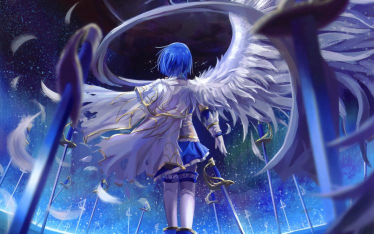 angel, Wings, Blue, Hair, Sword, Anime HD Wallpaper Desktop Background