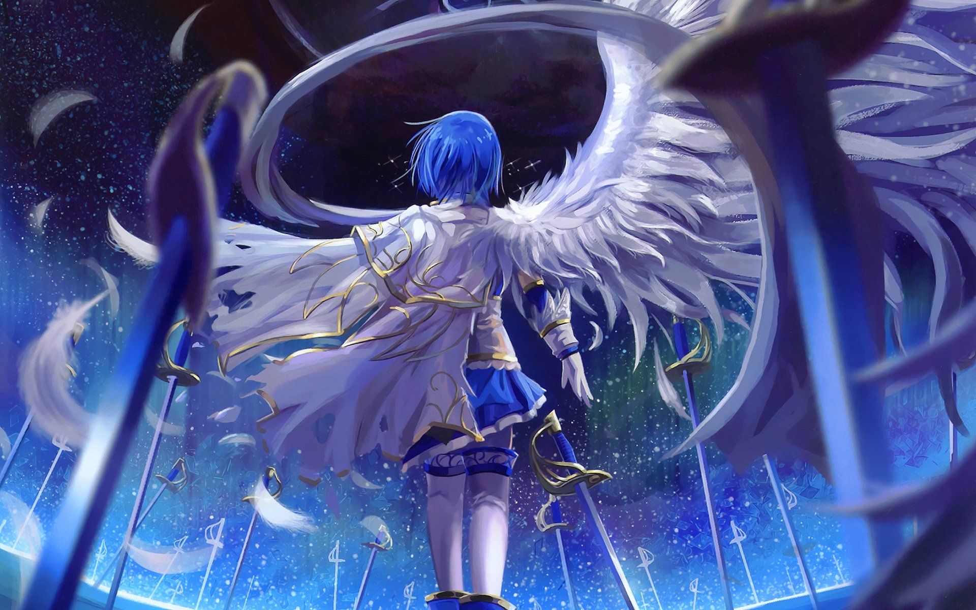 angel, Wings, Blue, Hair, Sword, Anime Wallpaper