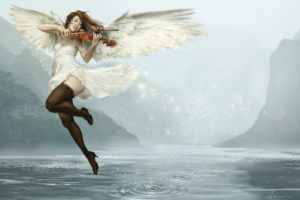 angel, Violin, Music, Girl, Wings, Dress, Beautiful, Water