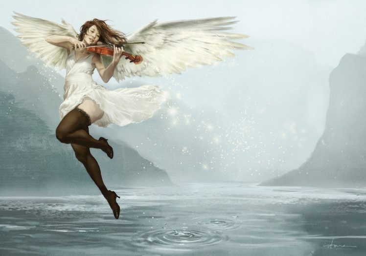 angel, Violin, Music, Girl, Wings, Dress, Beautiful, Water HD Wallpaper Desktop Background