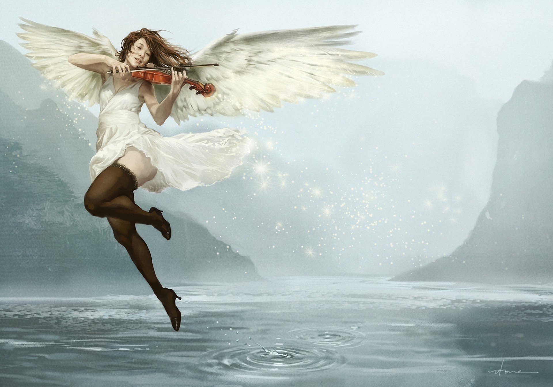 angel, Violin, Music, Girl, Wings, Dress, Beautiful, Water Wallpaper