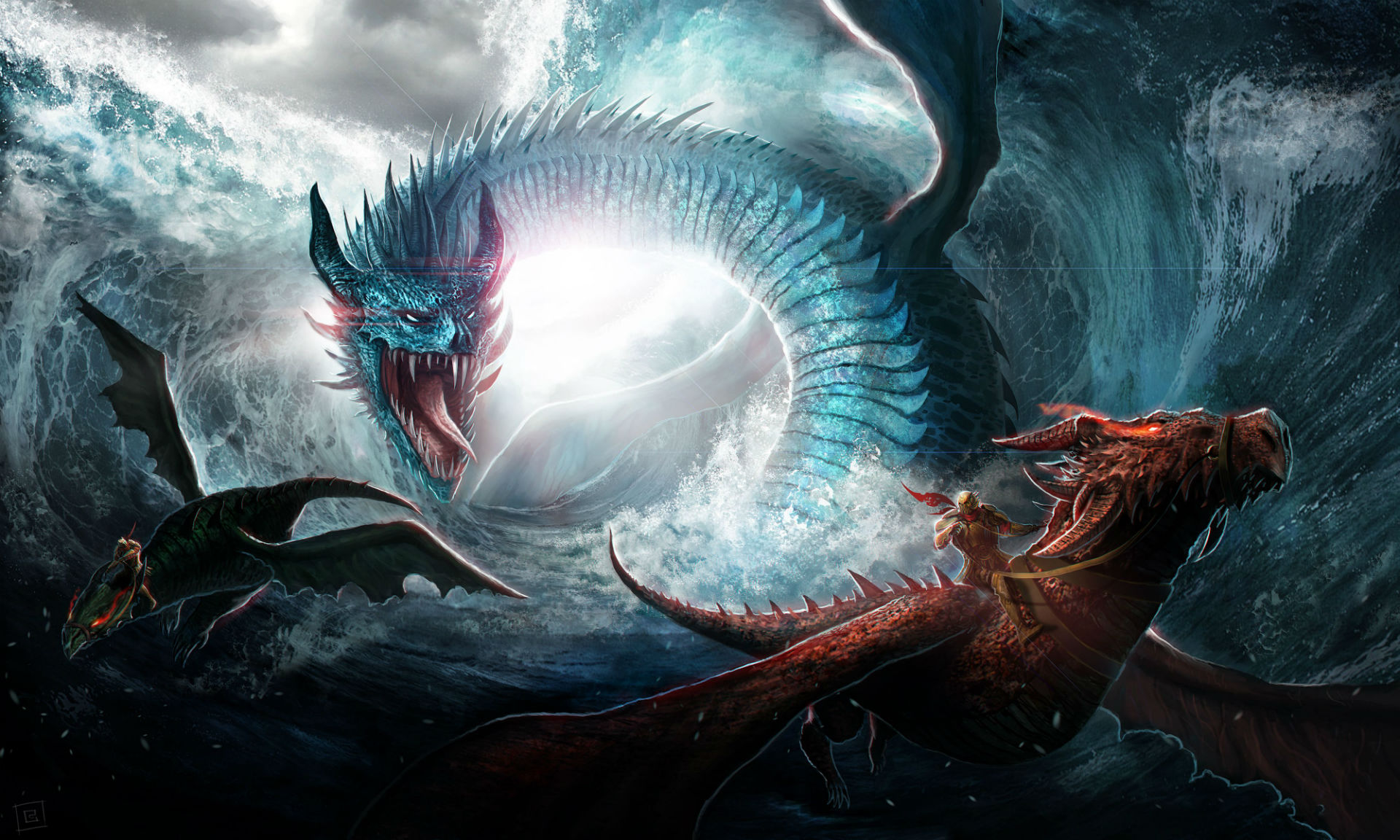 dragons, Waves, Fantasy Wallpaper