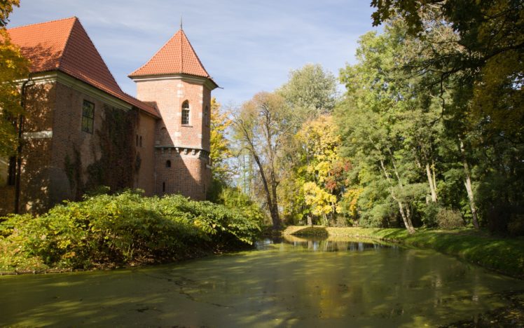 kutno, Poland, Architecture, Autumn, Castle, Garden, Trees, Village, Pond, Water, Nature HD Wallpaper Desktop Background