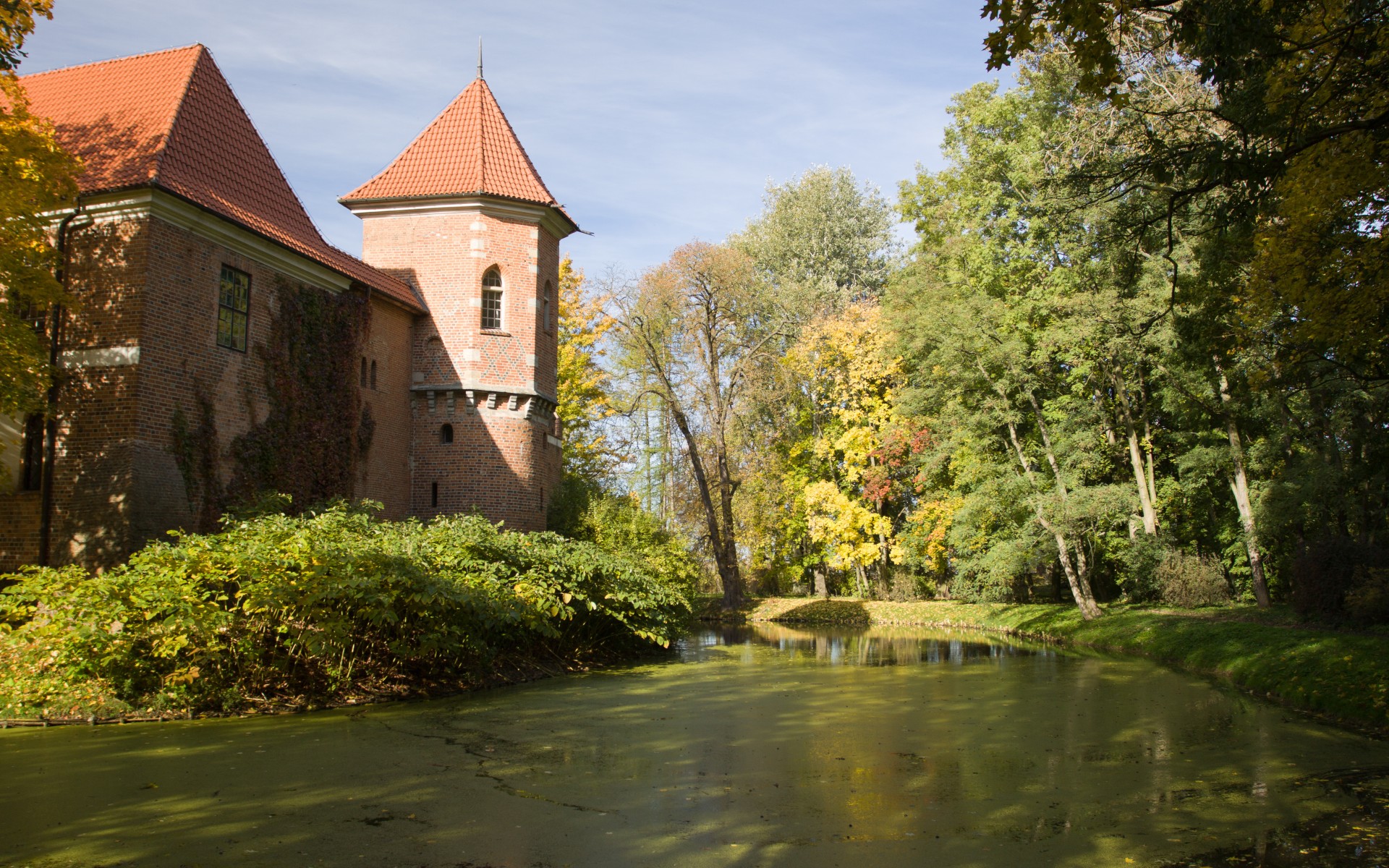 kutno, Poland, Architecture, Autumn, Castle, Garden, Trees, Village, Pond, Water, Nature Wallpaper