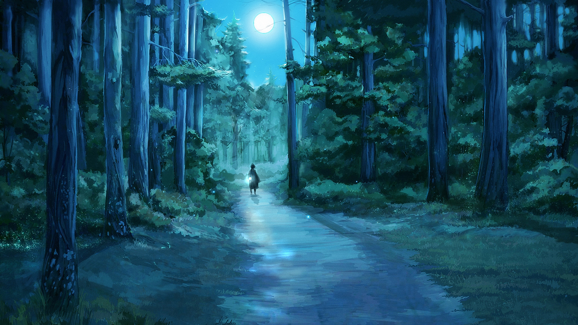pattern, Forest, Night, The, Moon, The, Path, The, Girl, A, Flashlight, Fireflies, Tree Wallpaper