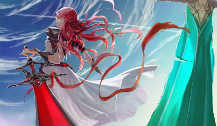 warriors, Swords, Redhead, Girl, Ribbon, Anime, Girls, Fantasy HD Wallpaper Desktop Background