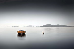 boat, Buoy, Mountains, Horizon, Sky, Lakes, Sea, Ocean, Reflection