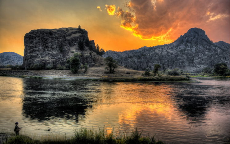 river, Mountain, Sunset, Fisherman, Landscape, Reflection HD Wallpaper Desktop Background