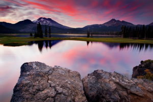 lake, Sunset, Rocks, Sky, Mountains, Reflection