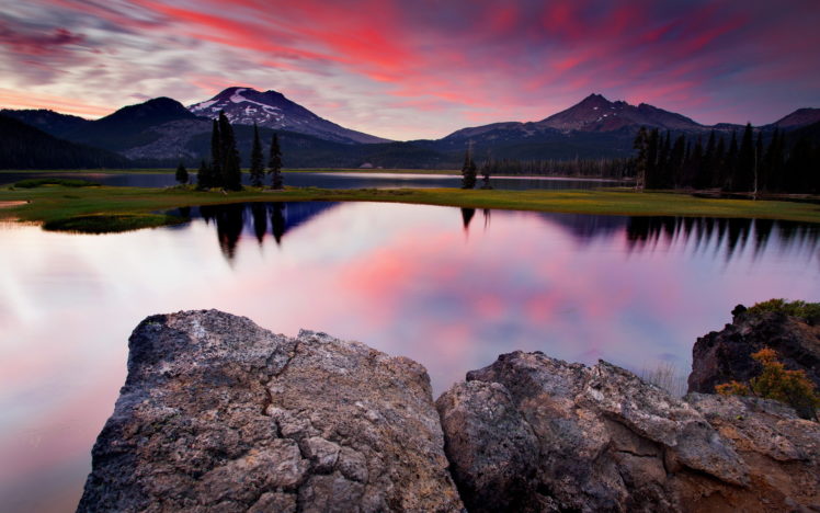 lake, Sunset, Rocks, Sky, Mountains, Reflection HD Wallpaper Desktop Background