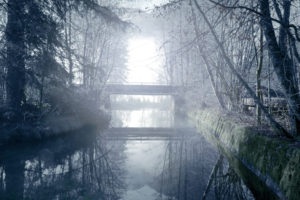 bridge, River, Reflection, Trees
