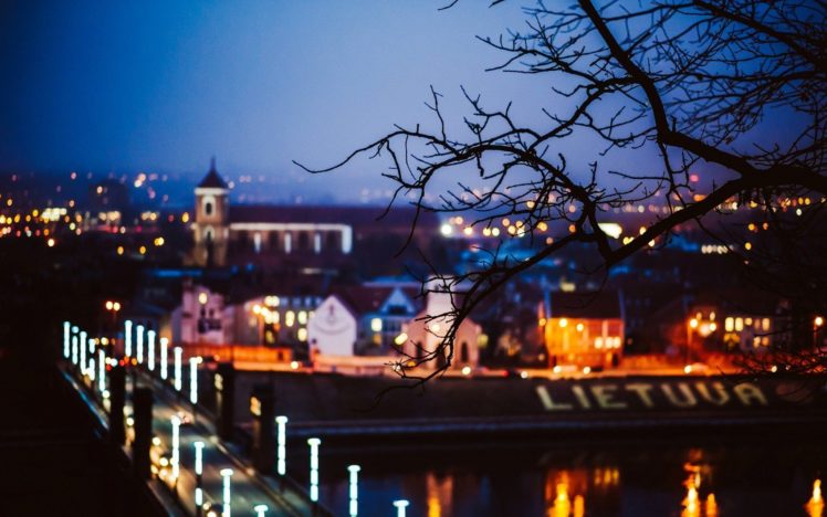 kaunas lietuva lithuania city bridge night lights HD Wallpaper Desktop Background