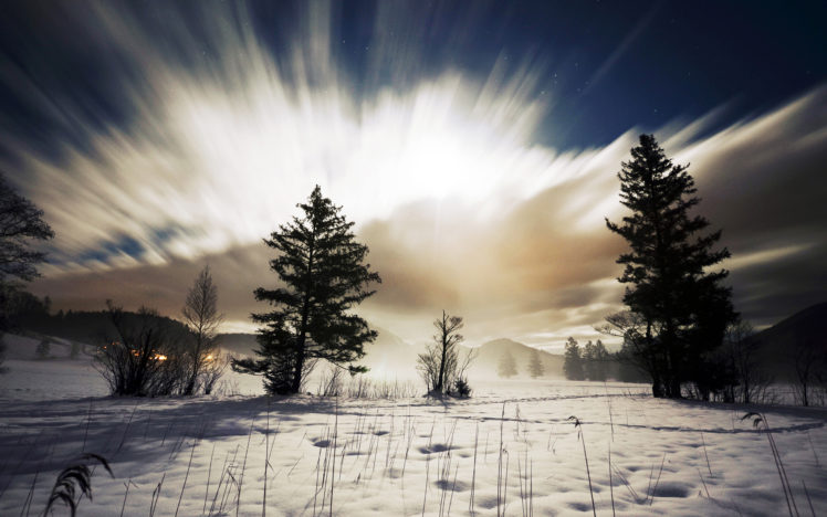 sunlight, Trees, Snow, Winter, Clouds, Timelapse HD Wallpaper Desktop Background