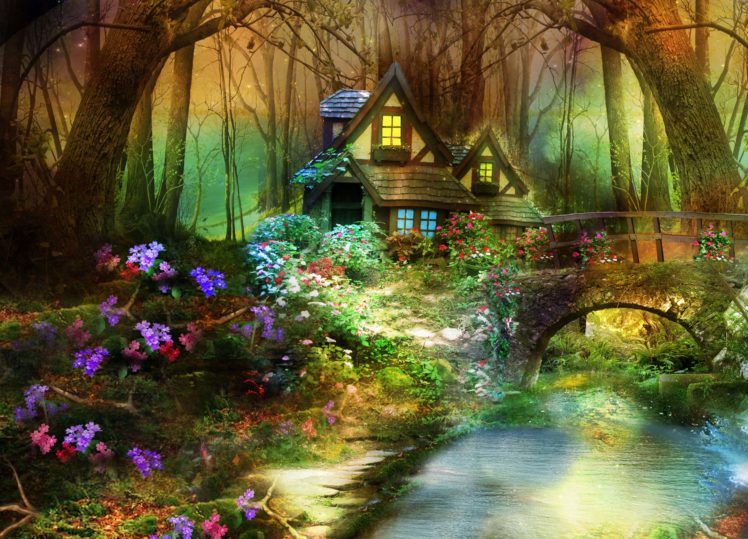 3d, Nature, Phantasmagoria, Fantasy, Flowers, Forest, Trees, Flowers, House, Bridge HD Wallpaper Desktop Background