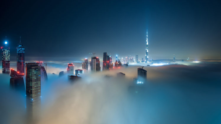dubai, Burj, Dubai, Buildings, Skyscrapers, Night, Mist, Fog HD Wallpaper Desktop Background