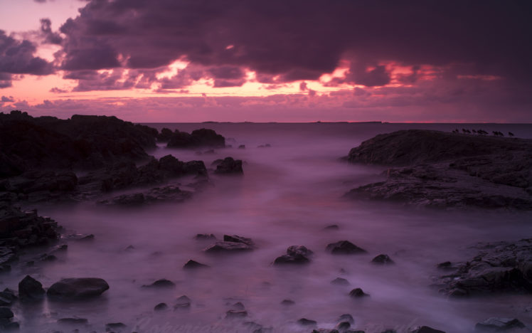 ocean, Purple, Clouds, Rocks, Stones HD Wallpaper Desktop Background