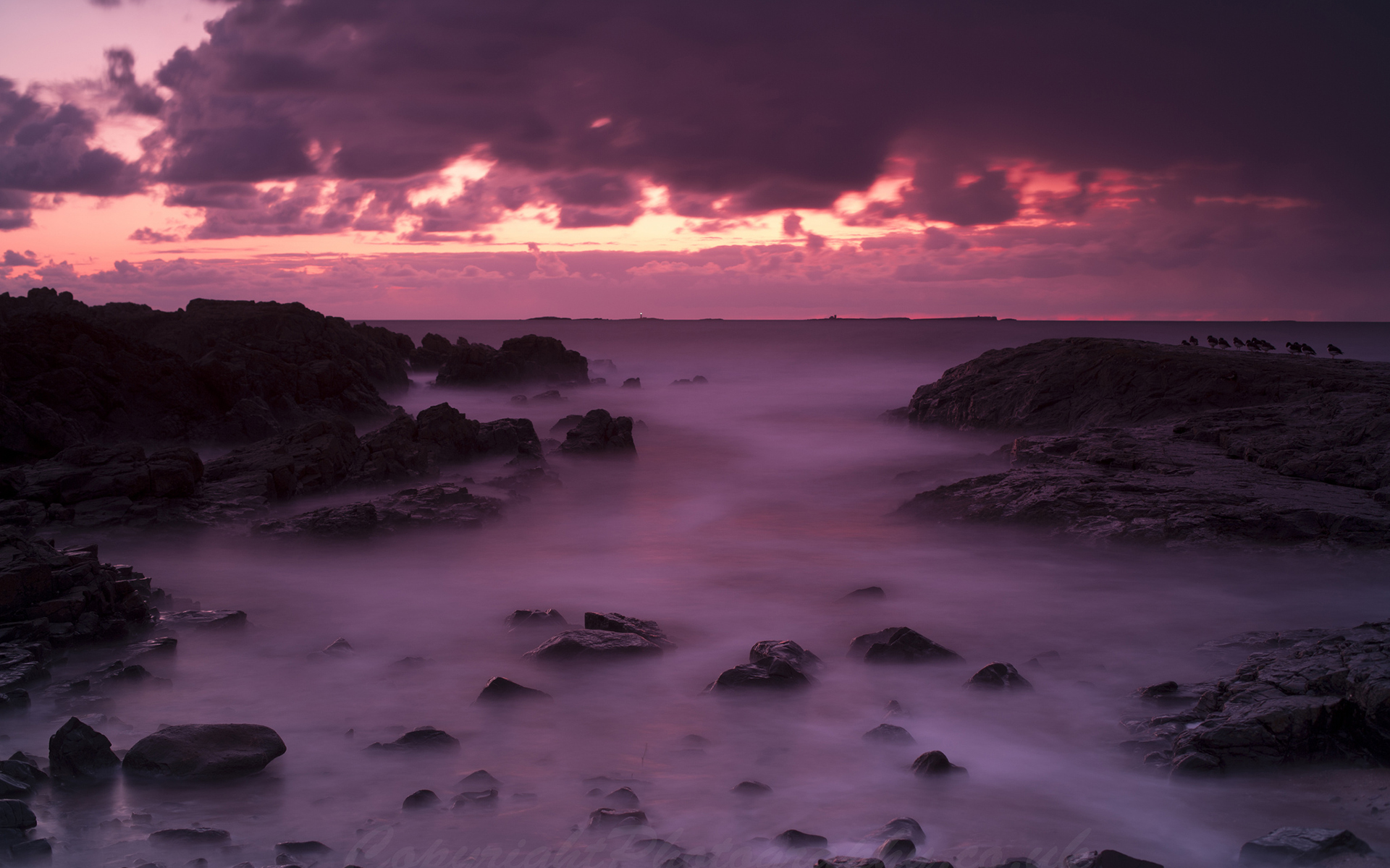 ocean, Purple, Clouds, Rocks, Stones Wallpaper