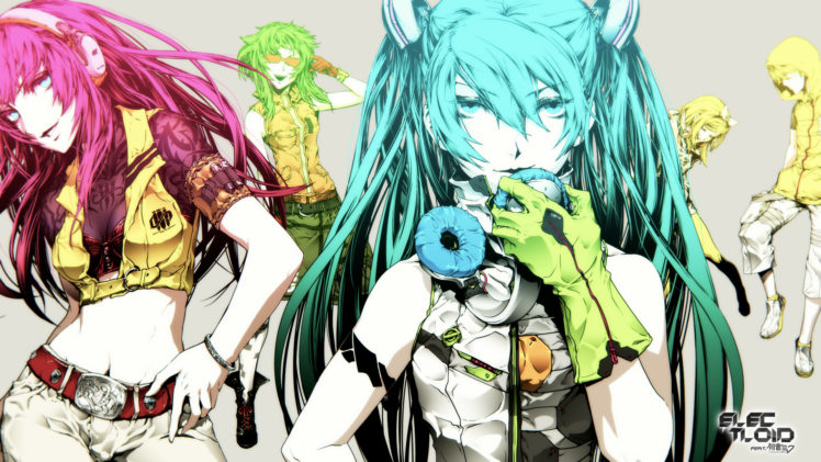 aqua, Eyes, Aqua, Hair, Blonde, Hair, Glasses, Gloves, Green, Hair, Gumi, Headphones, Kagamine, Len, Long, Hair, Nagimiso, Pink, Hair, Tattoo, Twintails, Vocaloid HD Wallpaper Desktop Background