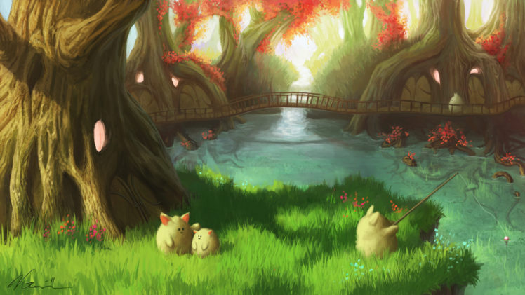 drawing, Trees, Fishing, River, Bridge HD Wallpaper Desktop Background