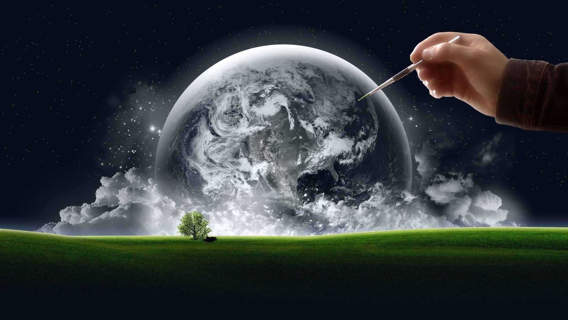 hands,  , World, Earth, Artwork, Grass, Stars, Clouds, Trees Wallpaper