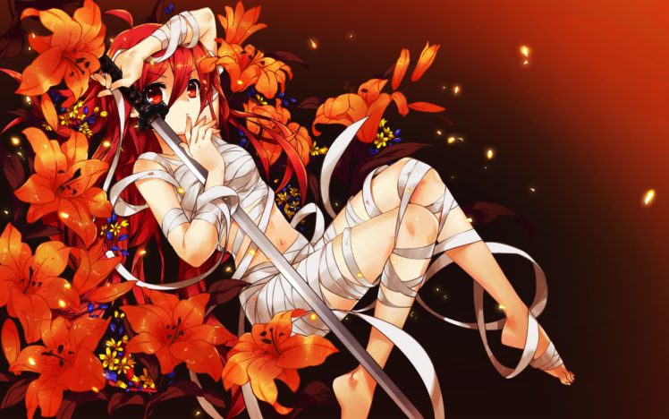 bandage, Flowers, Katana, Long, Hair, Navel, Nude, Orange, Red, Eyes, Red, Hair, Shakugan, No, Shana, Shana, Sword, Weapon, Wentirtongmo HD Wallpaper Desktop Background