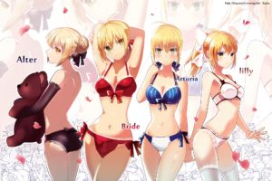 ass, Bra, Breasts, Cleavage, Fate, Extra, Flowers, Green, Eyes, Navel, Panties, Petals, Rose, Saber, Saber, Lily, Teddy, Bear, Thighhighs, Underwear, Zoom, Layer