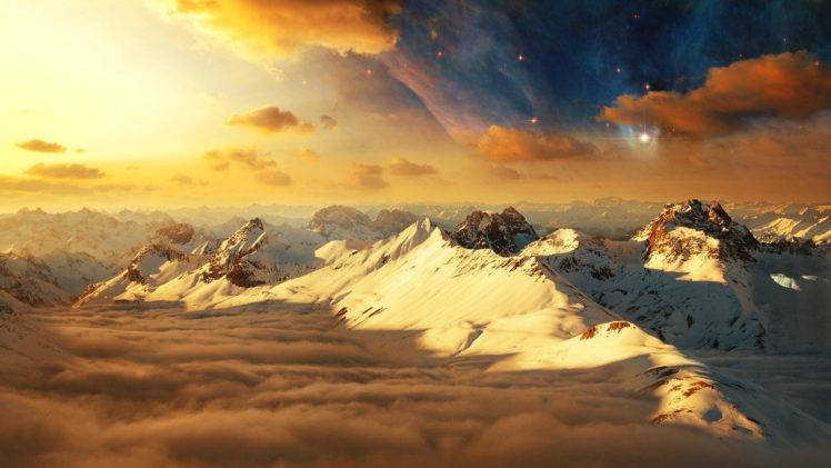 mountain, Snow, Sky, Stars, Beautiful, Landscape, Clouds HD Wallpaper Desktop Background