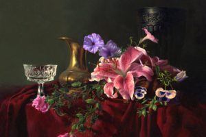 painting, Still, Life, Alexei, Antonov, Flowers, Jar, Glass, Crystal, Vase, Lilies