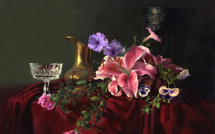painting, Still, Life, Alexei, Antonov, Flowers, Jar, Glass, Crystal, Vase, Lilies HD Wallpaper Desktop Background
