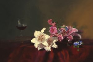 painting, Still, Life, Alexei, Antonov, Flowers, Lilies, Books, Glass, Wine, Table, Tablecloth