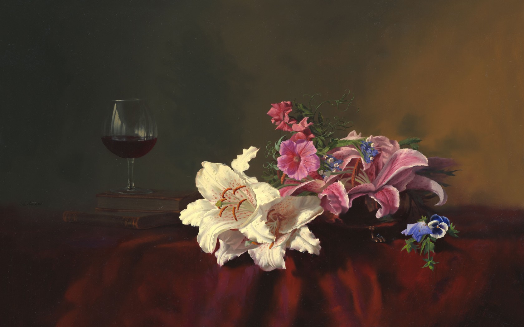painting, Still, Life, Alexei, Antonov, Flowers, Lilies, Books, Glass, Wine, Table, Tablecloth Wallpaper
