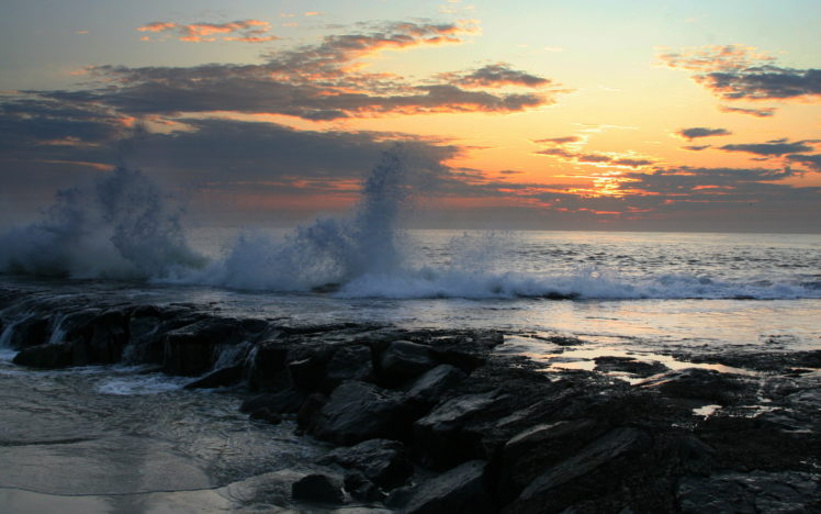 sea, Spray, Rocky, Coast, Landscape, Sunset HD Wallpaper Desktop Background