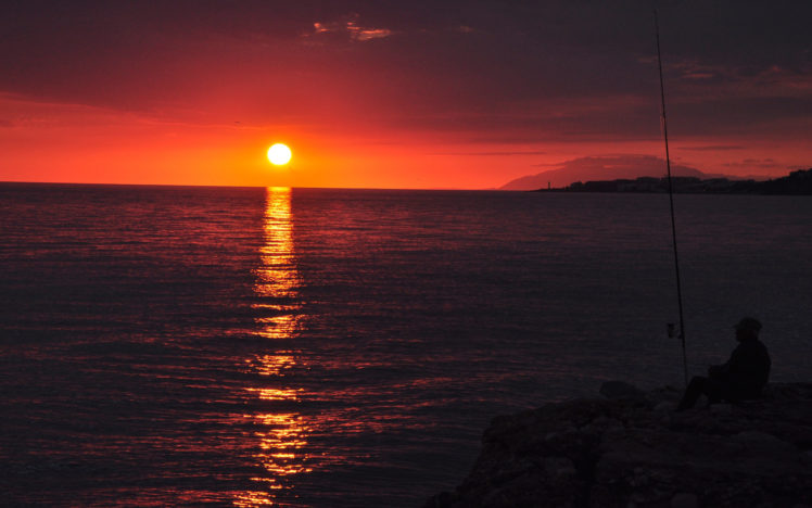 sunset, Sun, Fisherman, Fishing, Rod, Water, Sea, Lake HD Wallpaper Desktop Background