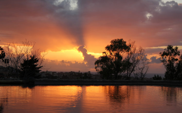 sunset, Pond, Trees, Lake, Reflection HD Wallpaper Desktop Background