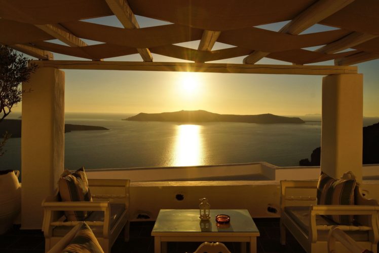 greece, Resort, Vacation, Panorama, Ocean, Sea, Sunset, Reflection, Interior, Design HD Wallpaper Desktop Background