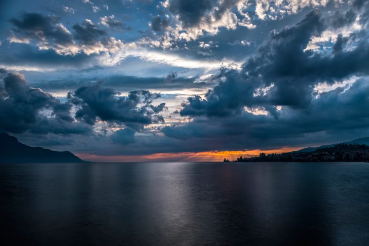 lake, Geneva, Switzerland, The, City, Of, Montreux, Sky, Clouds, Sunset, Sunrise HD Wallpaper Desktop Background