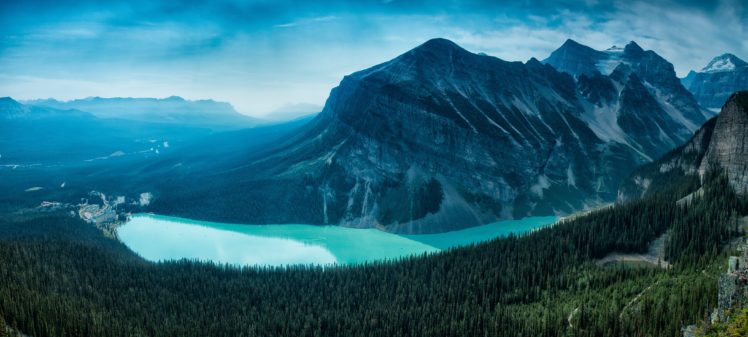 lake, Louise, Alberta, Canada, Mountains, Forest HD Wallpaper Desktop Background