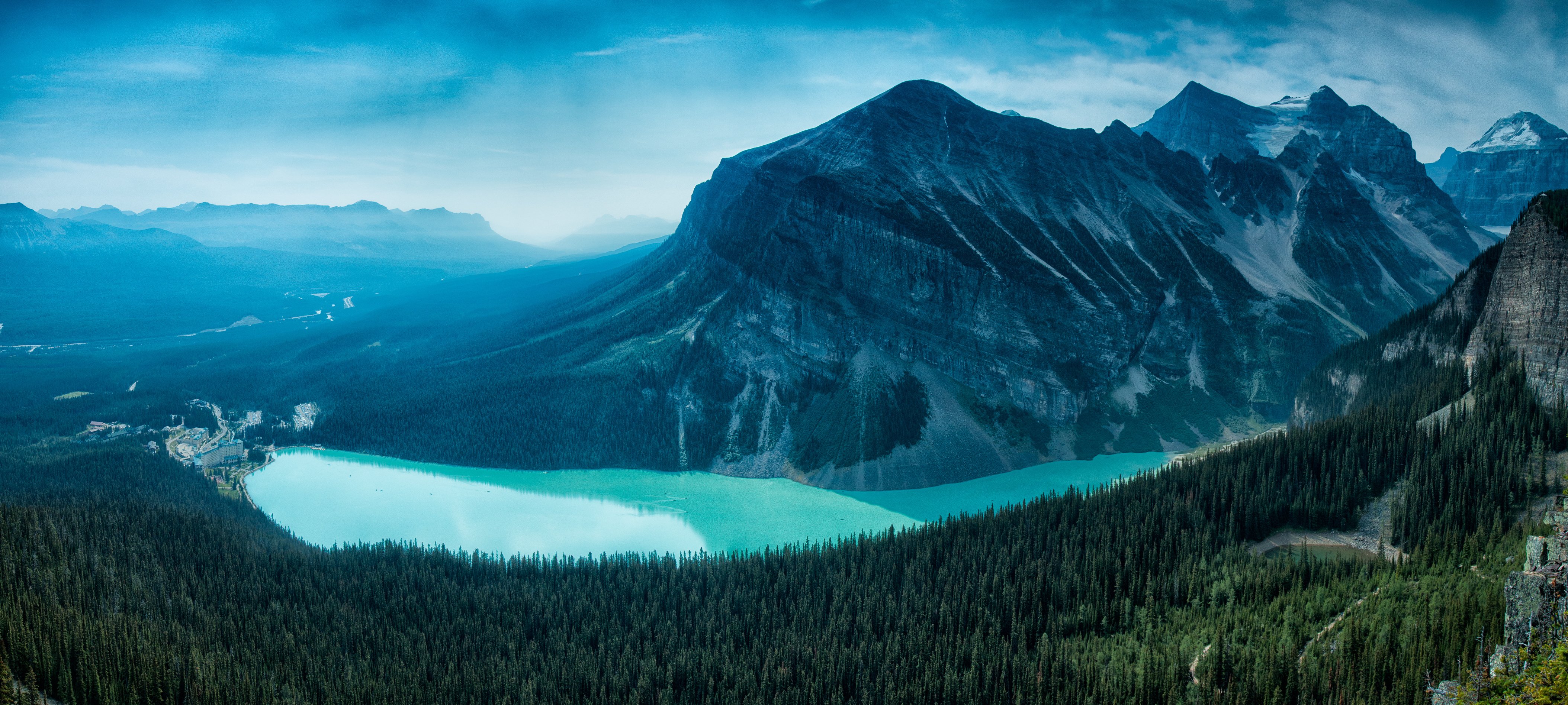 lake, Louise, Alberta, Canada, Mountains, Forest Wallpaper