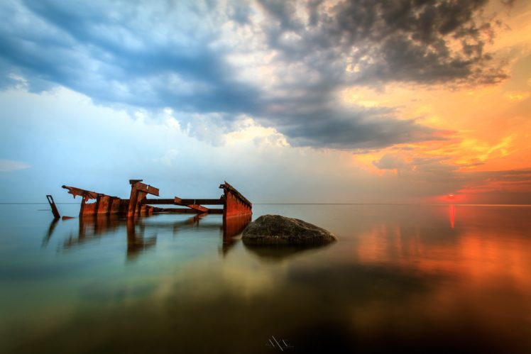sea, Surface, Sunset, Sky, Dawn, Kament, Old, Pier, Ruins, Ocean, Reflection HD Wallpaper Desktop Background