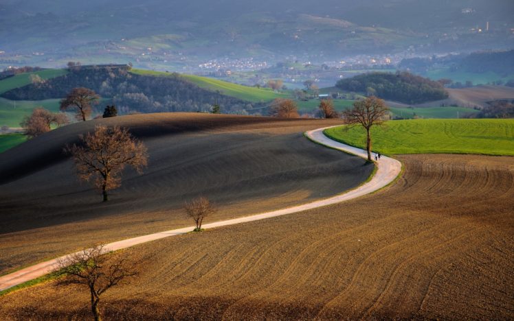 road, Field, Landscape, Hills, People HD Wallpaper Desktop Background