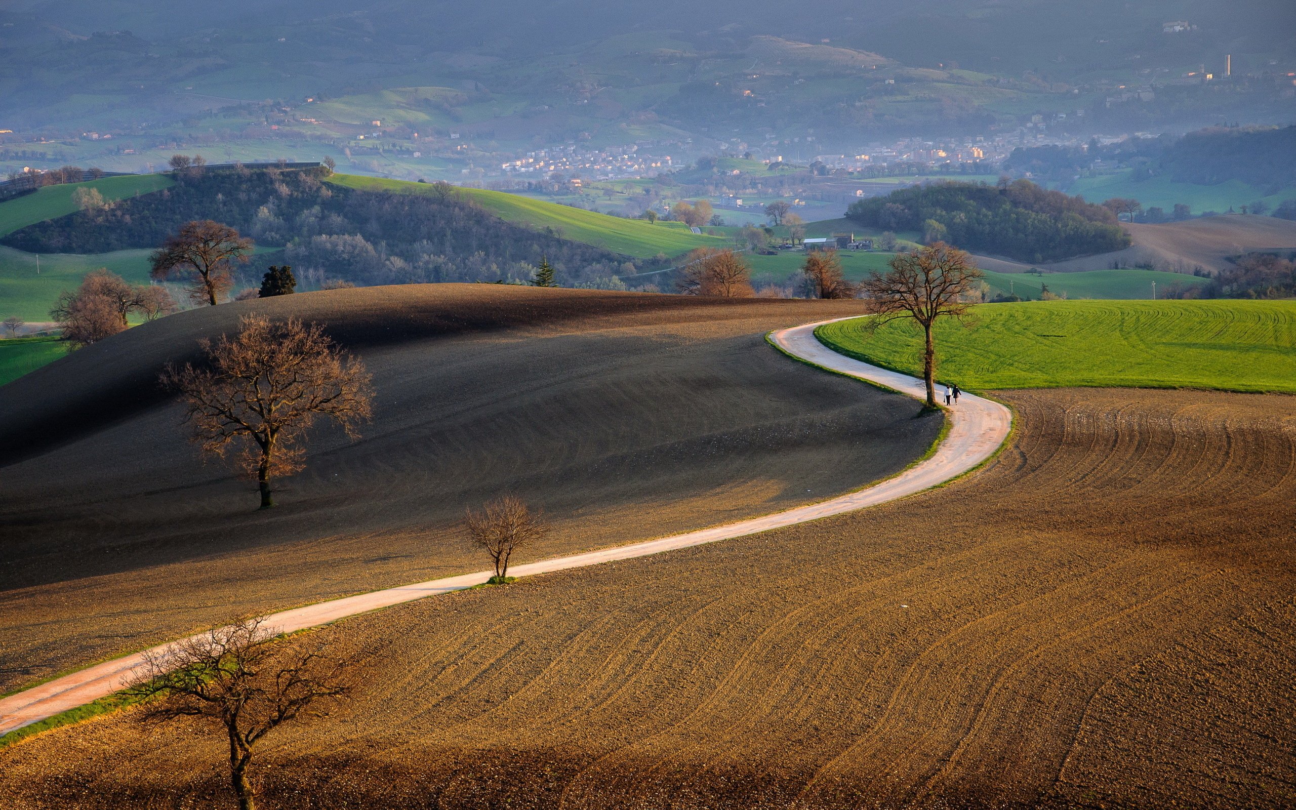 road, Field, Landscape, Hills, People Wallpaper
