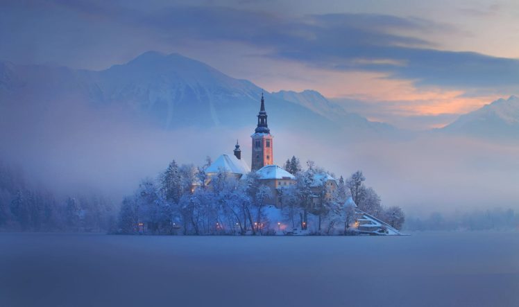 slovenia, Bled, Lake, Mountain, Island, Fog, Home, Church, Winter HD Wallpaper Desktop Background