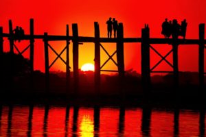 sunset, River, Bridge, People, Silhouette, Admire