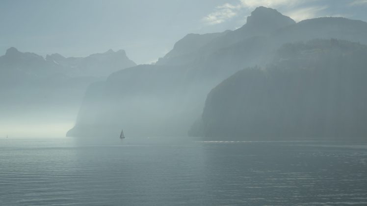 switzerland, Lake, Lucerne, Sailing, Morning, Fog, Lake, Mountains, Nature, Landscape, Mood HD Wallpaper Desktop Background