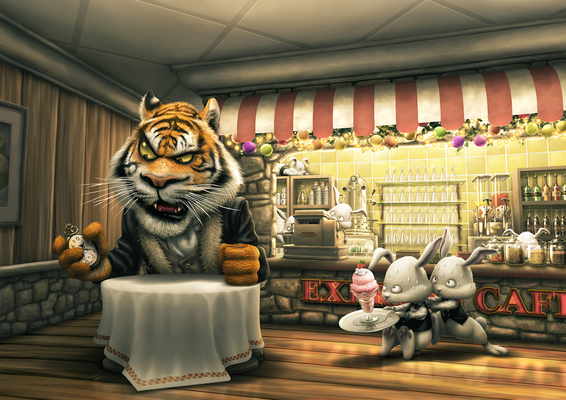 tiger, Rabbit, The, Customer, A, Cafe, A, Table, Order, Ice, Cream, Watches, Cash, Waiters, Late Wallpaper