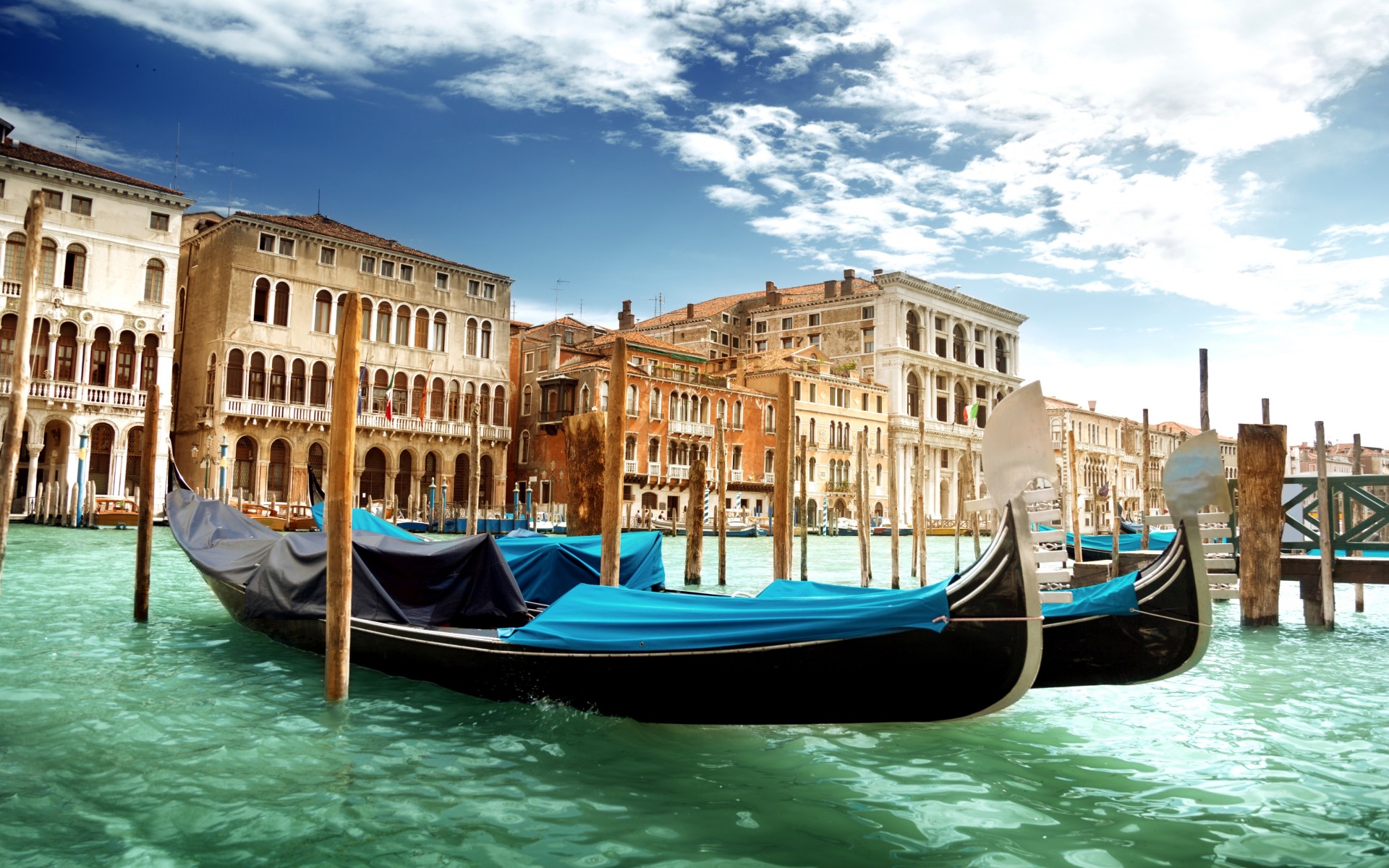 venice, Canal, Grande, Venice, Italy, The, Grand, Canal, Gondolas, Water, Green, Sea, Architecture, Sky, Clouds, Boats, Buildings Wallpaper