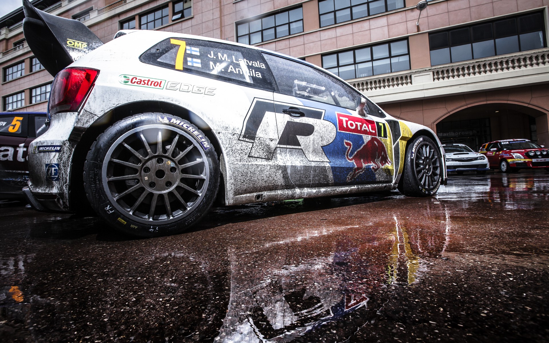 volkswagen, Polo, Rally, Wrc, Jari, Matti, Latvala, Reflection, Red, Bull, Wheels Wallpaper