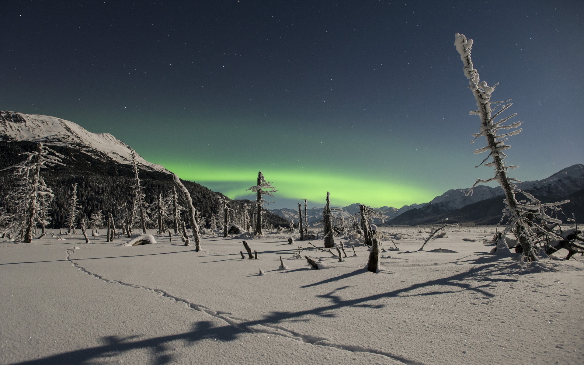 winter, Snow, Lights, Landscape, Sky, Mountains Wallpaper