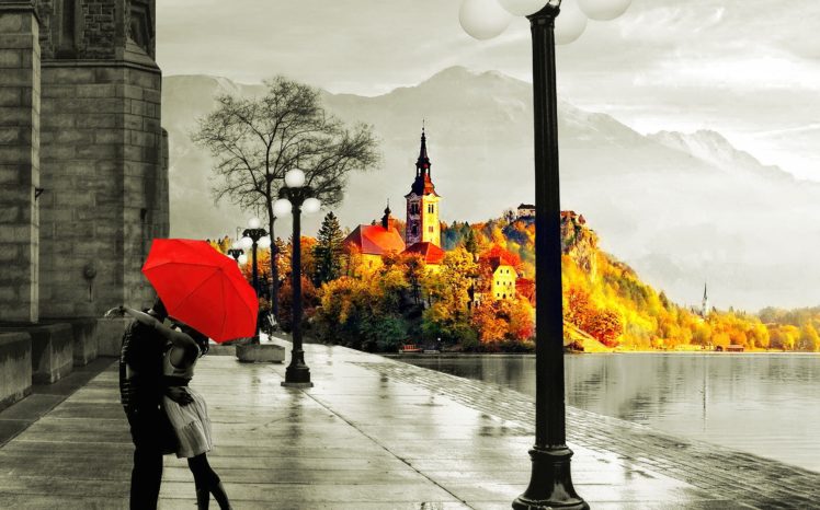 love, Autumn, Rain, Kiss, Lake, Wet, Street, Umberella HD Wallpaper Desktop Background