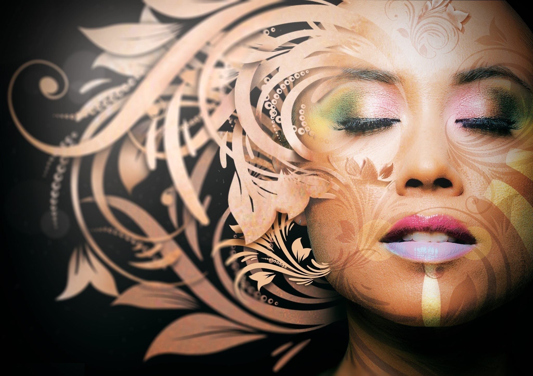 face, Arts, Makeup, Flowers, Pattern, Women, Girls Wallpaper